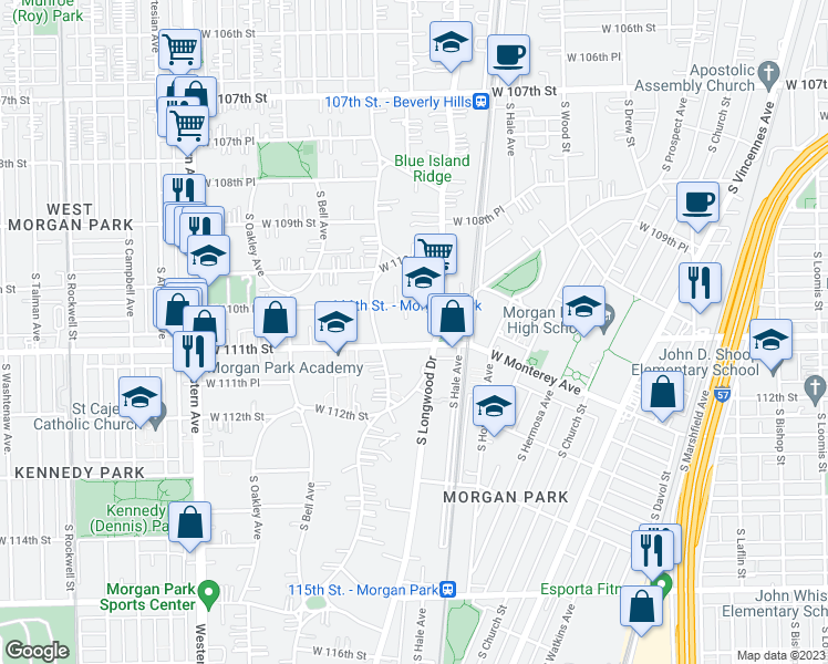 map of restaurants, bars, coffee shops, grocery stores, and more near 11070 South Longwood Drive in Chicago