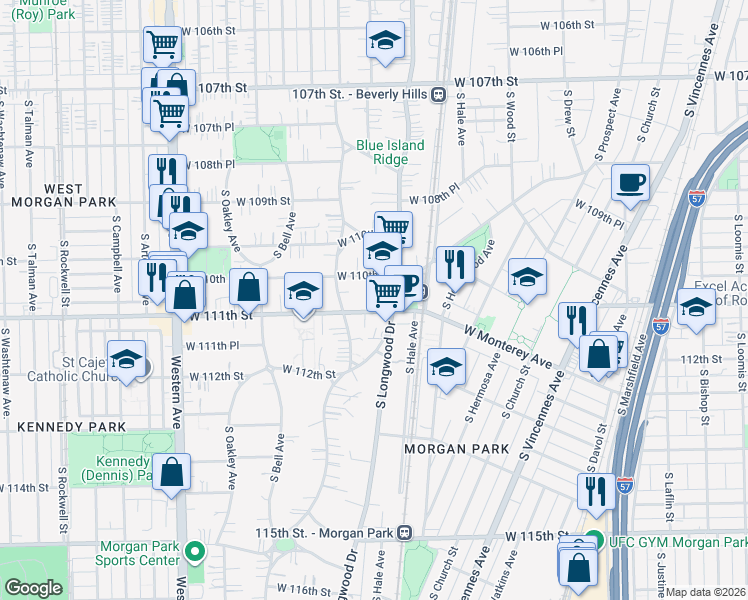 map of restaurants, bars, coffee shops, grocery stores, and more near 11070 South Longwood Drive in Chicago
