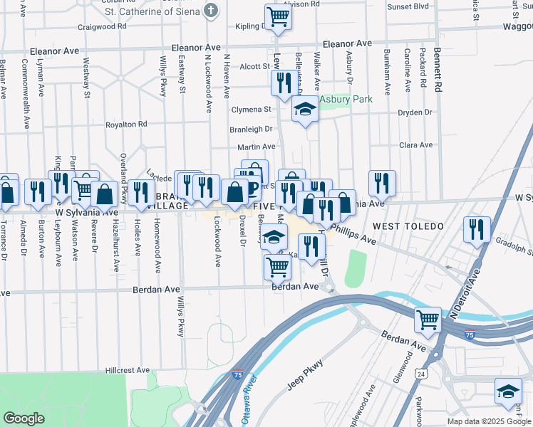 map of restaurants, bars, coffee shops, grocery stores, and more near 1029 West Sylvania Avenue in Toledo