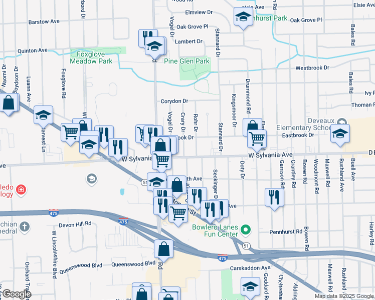 map of restaurants, bars, coffee shops, grocery stores, and more near 4018 Crary Drive in Toledo