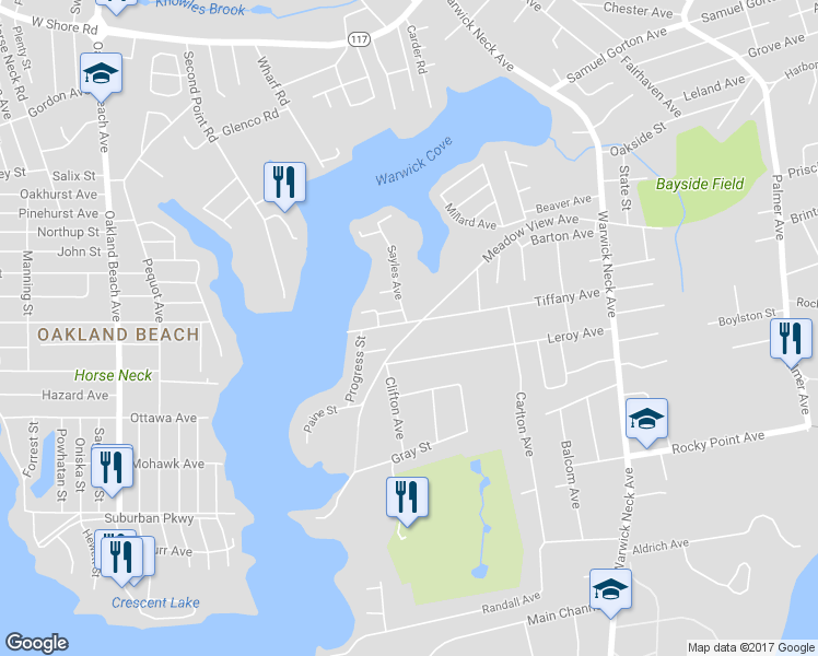 map of restaurants, bars, coffee shops, grocery stores, and more near 410 Tiffany Avenue in Warwick