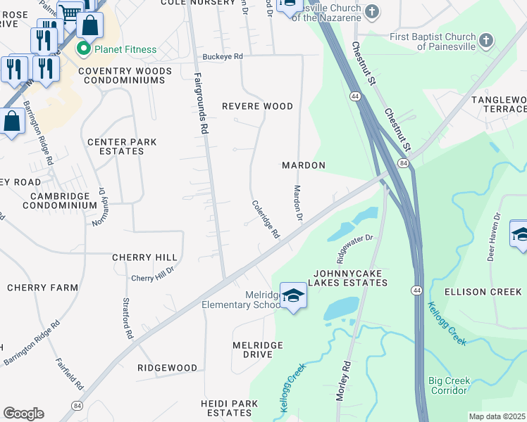 map of restaurants, bars, coffee shops, grocery stores, and more near 6525 Coleridge Road in Painesville