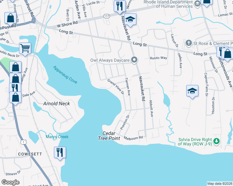 map of restaurants, bars, coffee shops, grocery stores, and more near 121 Grand View Drive in Warwick