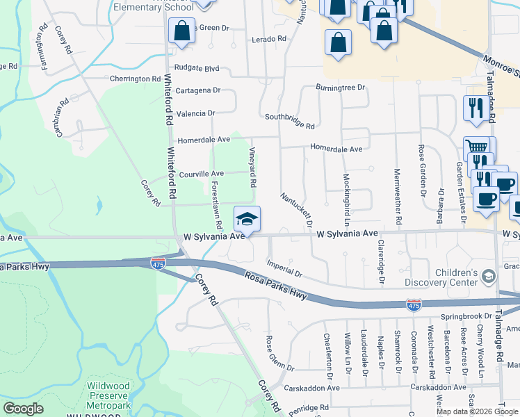 map of restaurants, bars, coffee shops, grocery stores, and more near 4855 Rolandale Avenue in Toledo