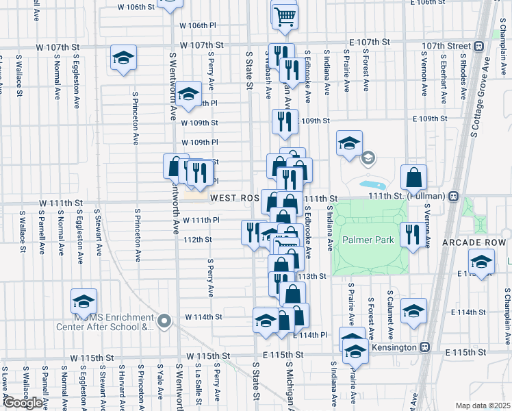map of restaurants, bars, coffee shops, grocery stores, and more near 7e East 111th Street in Chicago