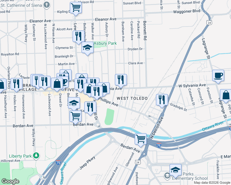 map of restaurants, bars, coffee shops, grocery stores, and more near 705 West Sylvania Avenue in Toledo