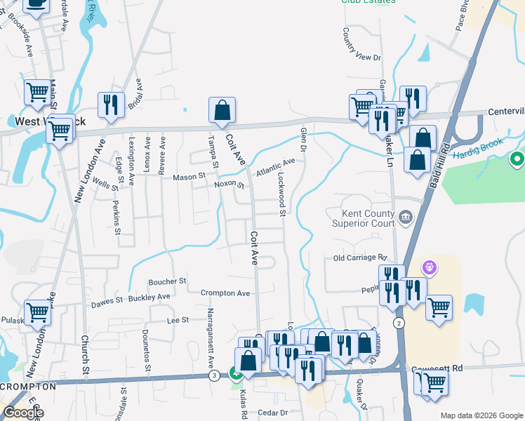map of restaurants, bars, coffee shops, grocery stores, and more near 54 Coit Avenue in West Warwick
