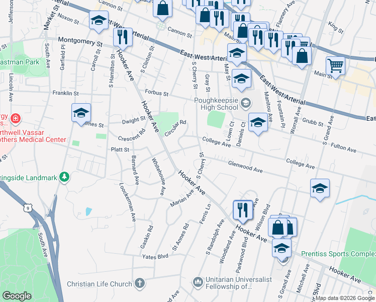 map of restaurants, bars, coffee shops, grocery stores, and more near 6 DeGarmo Place in Poughkeepsie
