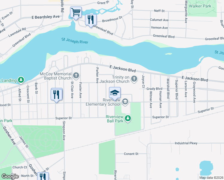 map of restaurants, bars, coffee shops, grocery stores, and more near 153 Riverview Avenue in Elkhart