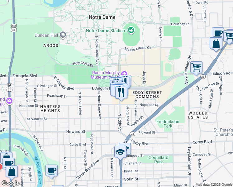 map of restaurants, bars, coffee shops, grocery stores, and more near 1234 North Notre Dame Avenue in South Bend