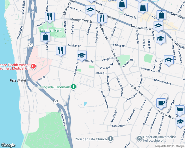 map of restaurants, bars, coffee shops, grocery stores, and more near 139 South Hamilton Street in Poughkeepsie