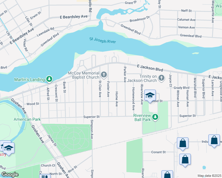 map of restaurants, bars, coffee shops, grocery stores, and more near 158 Foster Avenue in Elkhart