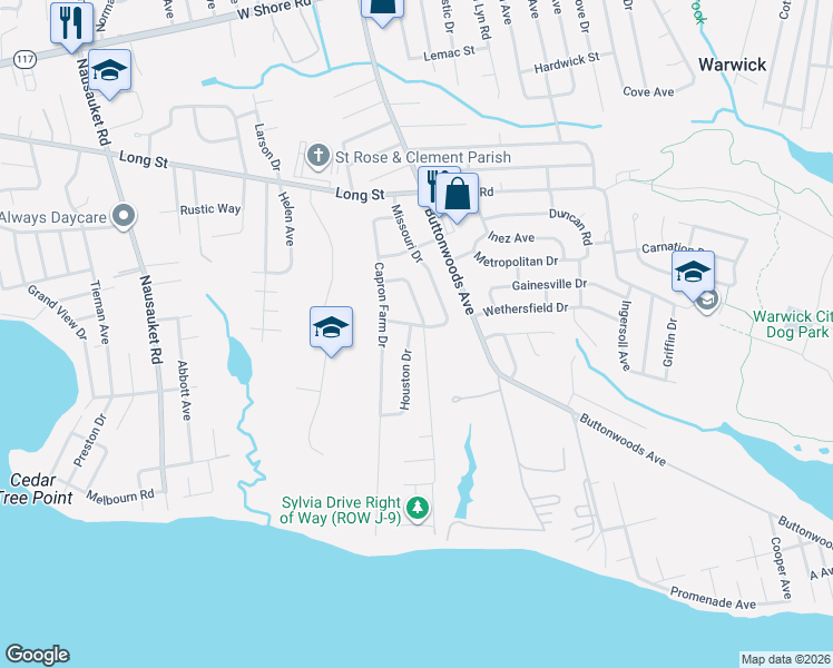 map of restaurants, bars, coffee shops, grocery stores, and more near 115 Claypool Drive in Warwick