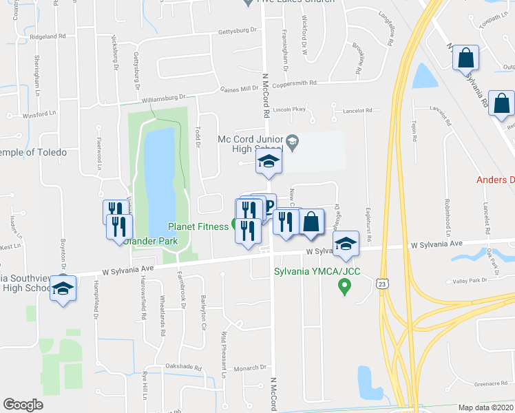 map of restaurants, bars, coffee shops, grocery stores, and more near 6718 Worth Avenue in Sylvania