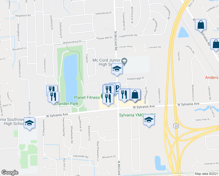 map of restaurants, bars, coffee shops, grocery stores, and more near 6732 Worth Avenue in Sylvania