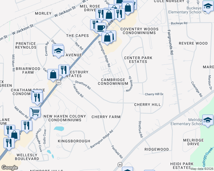 map of restaurants, bars, coffee shops, grocery stores, and more near 2201 Mentor Avenue in Painesville