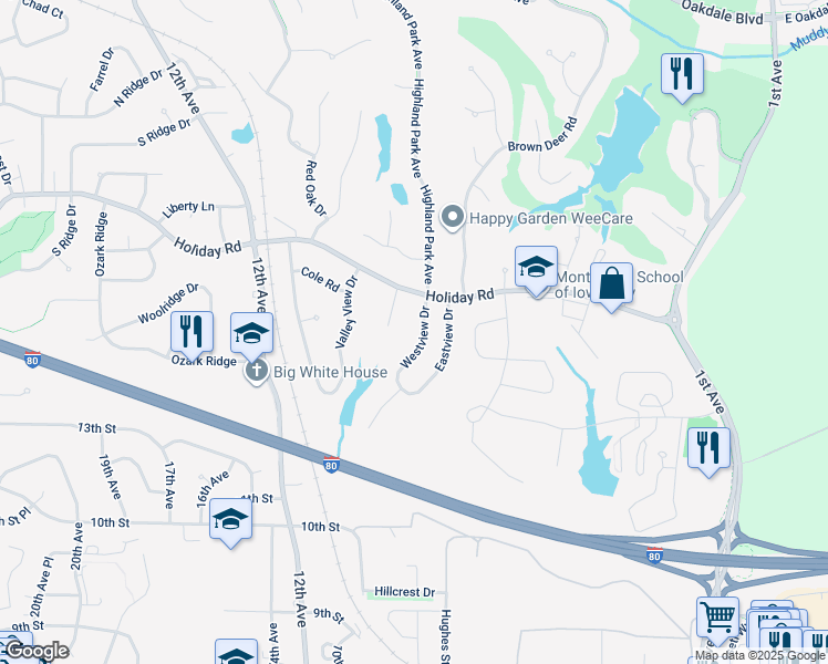 map of restaurants, bars, coffee shops, grocery stores, and more near 1466 Westview Drive in Coralville