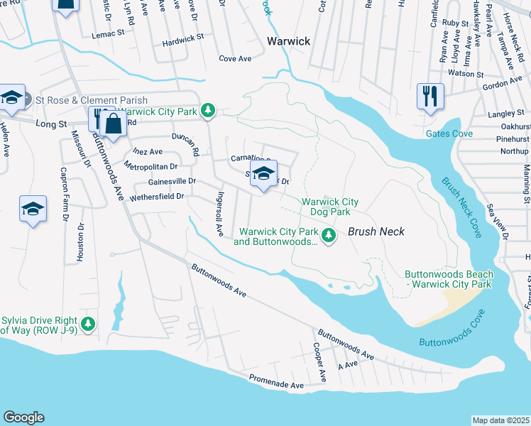 map of restaurants, bars, coffee shops, grocery stores, and more near 40 Asylum Road in Warwick
