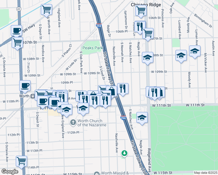 map of restaurants, bars, coffee shops, grocery stores, and more near 10935 South Lloyd Drive in Worth