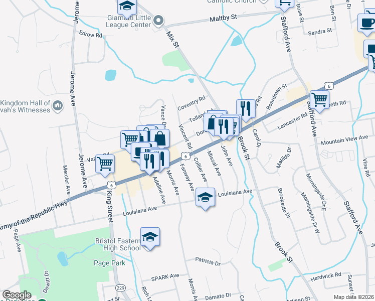 map of restaurants, bars, coffee shops, grocery stores, and more near 771 Farmington Avenue in Bristol