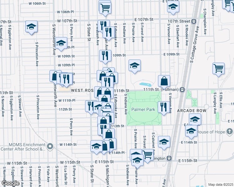 map of restaurants, bars, coffee shops, grocery stores, and more near 143 East 111th Street in Chicago