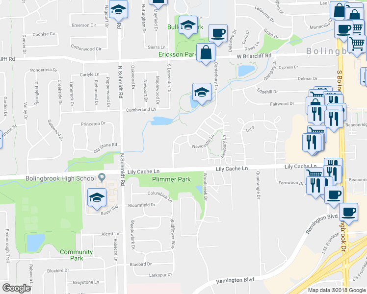 map of restaurants, bars, coffee shops, grocery stores, and more near 385 Newcastle Lane in Bolingbrook