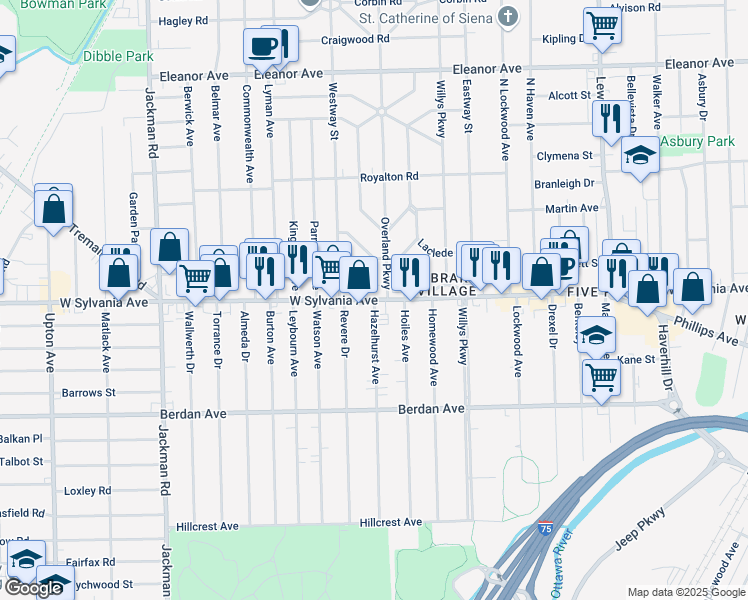 map of restaurants, bars, coffee shops, grocery stores, and more near W Sylvania Ave & Hazelhurst Ave in Toledo