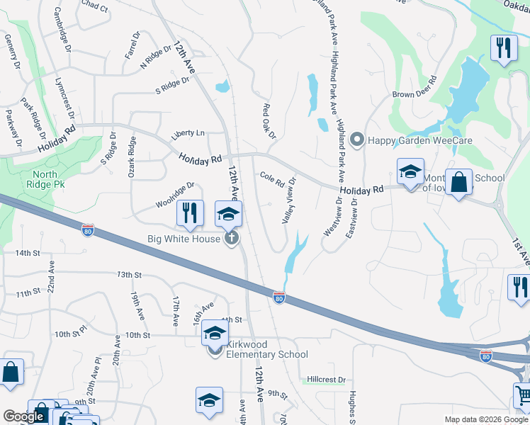 map of restaurants, bars, coffee shops, grocery stores, and more near 1458 Valley View Circle in Coralville