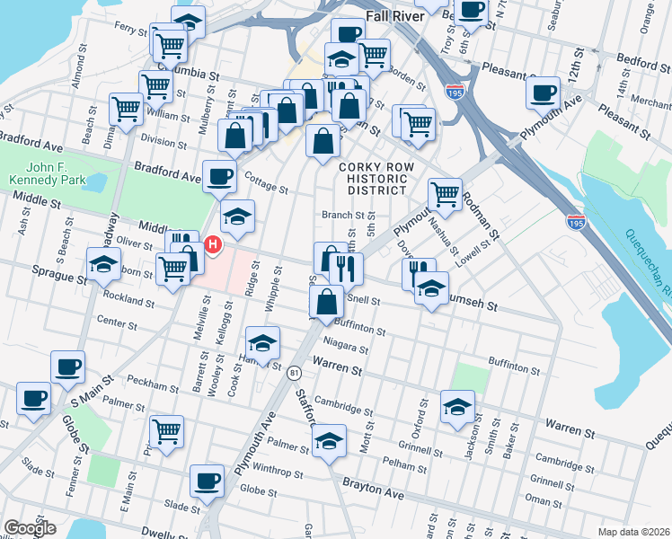 map of restaurants, bars, coffee shops, grocery stores, and more near 31 Lyon Street in Fall River