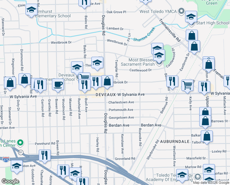 map of restaurants, bars, coffee shops, grocery stores, and more near 2428 West Sylvania Avenue in Toledo
