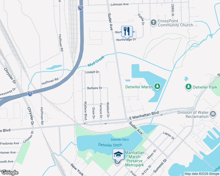map of restaurants, bars, coffee shops, grocery stores, and more near 3662 Waldorf Drive in Toledo