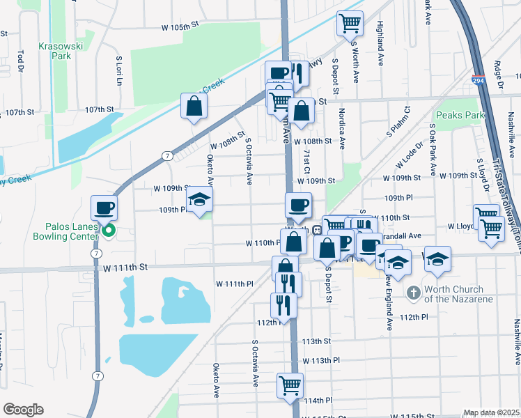 map of restaurants, bars, coffee shops, grocery stores, and more near 7249 West 109th Place in Worth