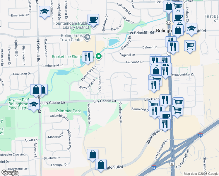 map of restaurants, bars, coffee shops, grocery stores, and more near 28 Fernwood Drive in Bolingbrook