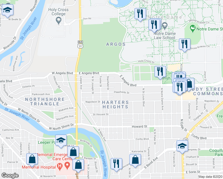 map of restaurants, bars, coffee shops, grocery stores, and more near 409 Peashway Street in South Bend