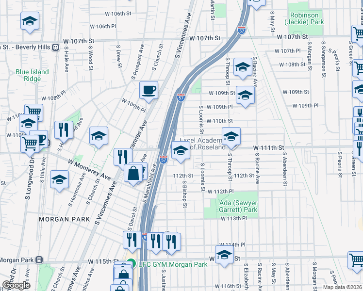 map of restaurants, bars, coffee shops, grocery stores, and more near 1444 West 111th Street in Chicago