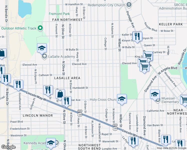 map of restaurants, bars, coffee shops, grocery stores, and more near 1322 North Johnson Street in South Bend