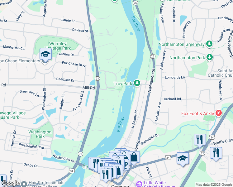 map of restaurants, bars, coffee shops, grocery stores, and more near 4680 Mill Road in Oswego