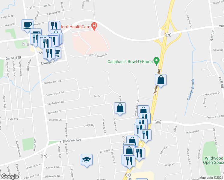 map of restaurants, bars, coffee shops, grocery stores, and more near 100 Forest Drive in Newington