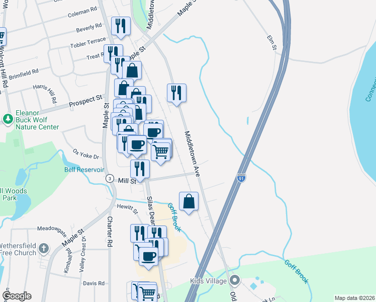 map of restaurants, bars, coffee shops, grocery stores, and more near 341 Middletown Avenue in Wethersfield