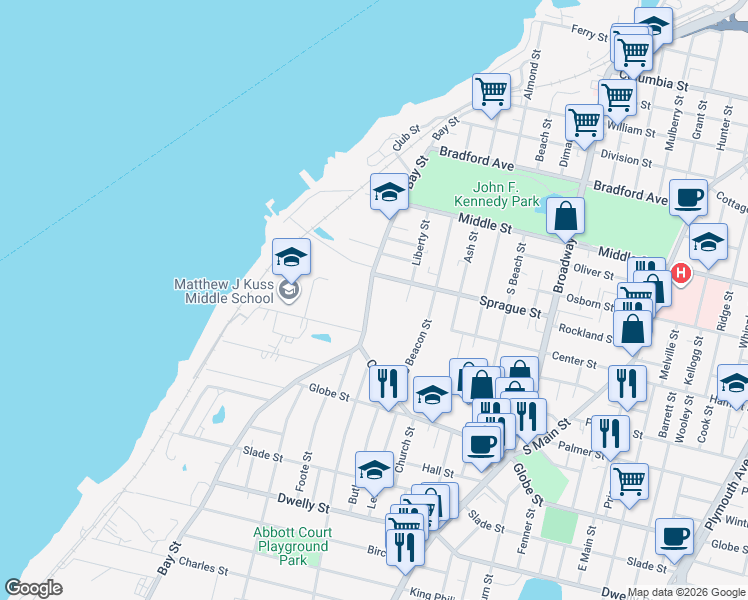 map of restaurants, bars, coffee shops, grocery stores, and more near 566 Bay Street in Fall River