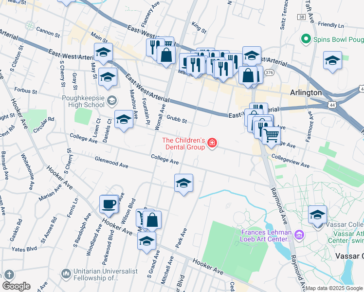 map of restaurants, bars, coffee shops, grocery stores, and more near 57 South Grand Avenue in Poughkeepsie