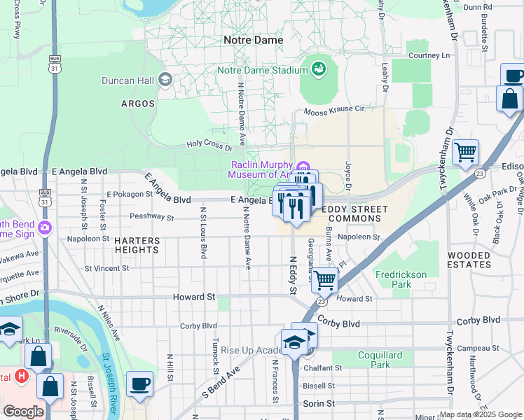 map of restaurants, bars, coffee shops, grocery stores, and more near 1234 North Notre Dame Avenue in South Bend