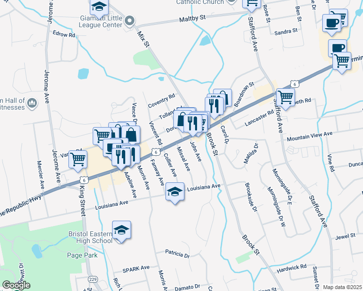 map of restaurants, bars, coffee shops, grocery stores, and more near 804 Farmington Avenue in Bristol