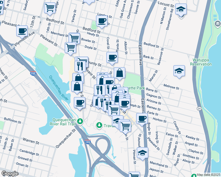map of restaurants, bars, coffee shops, grocery stores, and more near 1248 Pleasant Street in Fall River