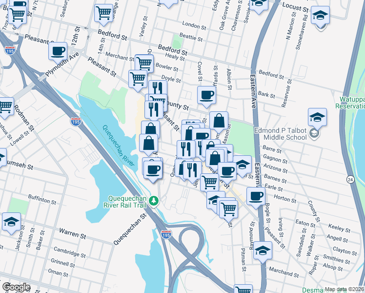 map of restaurants, bars, coffee shops, grocery stores, and more near 168 Quequechan Street in Fall River