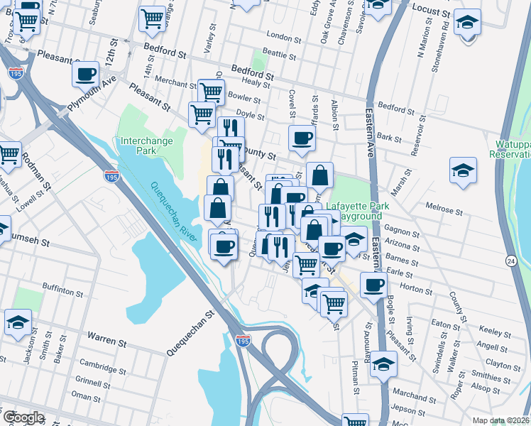 map of restaurants, bars, coffee shops, grocery stores, and more near 168 Quequechan Street in Fall River