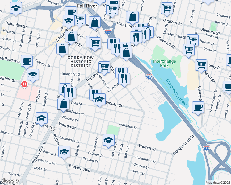 map of restaurants, bars, coffee shops, grocery stores, and more near 65 Manchester Street in Fall River