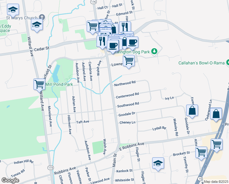 map of restaurants, bars, coffee shops, grocery stores, and more near in Newington