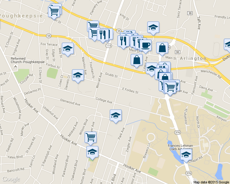map of restaurants, bars, coffee shops, grocery stores, and more near 57 South Grand Avenue in Poughkeepsie