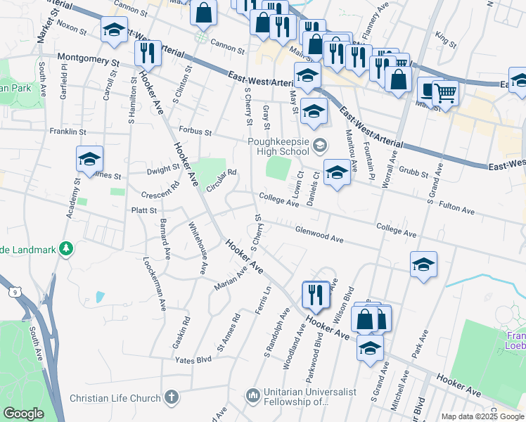 map of restaurants, bars, coffee shops, grocery stores, and more near 8 College Avenue in Poughkeepsie